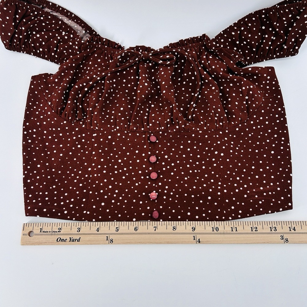 Coquette Milkmaid Crop Top M Brown Polka Dot‎ Corset Cottagecore Puff Sleeve - Picture 10 of 13